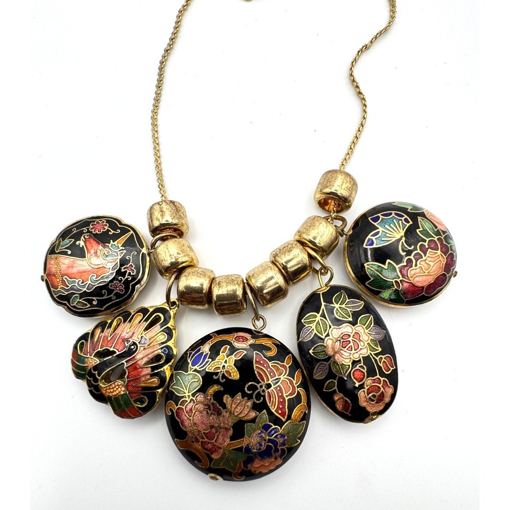 Vintage Cloisonné Charm Necklace Unicorn Peacock Butterfly Floral Five Charms